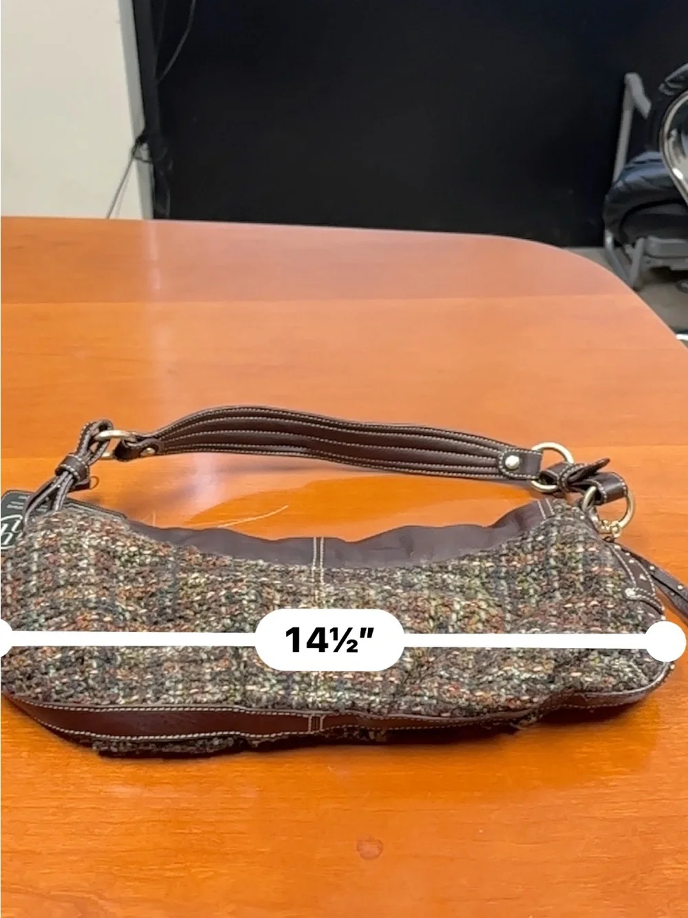 Woven Tweed and Leather Shoulder Bag in Dark Brown